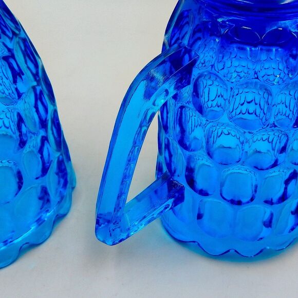Fenton Glass Colonial Blue Thumbprint Sugar Bowl Creamer Pitcher Lid Set - Picture 11 of 13